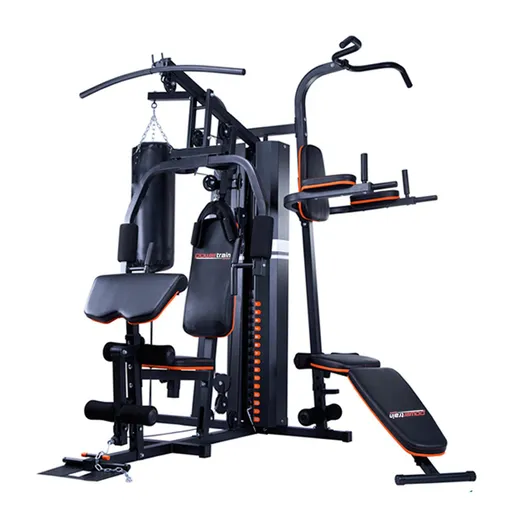 Powertrain Multi Station Home Gym Equipment with 150lbs Weight Stack, Punching Bag, Lat Pulldown & Bench Press