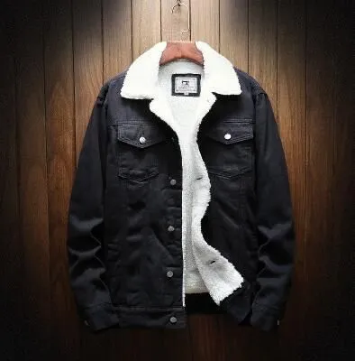 Men Fleece Lined Denim Jacket Korean Style Thick... Pure black 3XL Size: 3XL; Height (cm): 185-190; Weight (kg): 95-105; Bust (cm): 116; Shoulder width (cm): 48; Length (cm): 74; Sleeve length (cm): 68