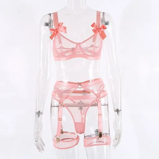 House Of Dasein 5 Piece Bows Mesh Fishnet Sexy See Through Lingerie Set Women Black Blue Neon - Light Pink - L
