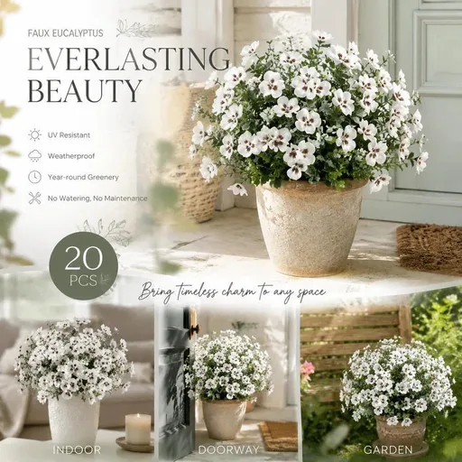 White Faux Eucalyptus Pansy Floral Arrangement Indoor Outdoor Decor 20 Pack