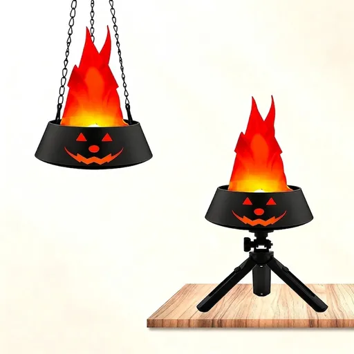 LED Halloween Jack-o'-Lantern Flame Effect Lamp with Dancing Silk Fabric Flame, Rechargeable Atmosphere Light for Party, Bar, Camping, and Home Decor, Dual Color Options Available (Black, Orange Flame)