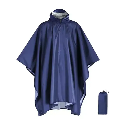 Blue 3-in-1 Hooded Rain Poncho - 140 x 210 cm Lightweight Polyester Outdoor Rain Cape, Ground Sheet and Tarp with Storage Bag for Hiking and Camping