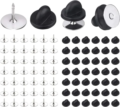 50 Pairs Pin Backings Tie Tacks Blank Pins with Rubber Backings Pinbacks for Crafts (Silver Black, 50 Sets)