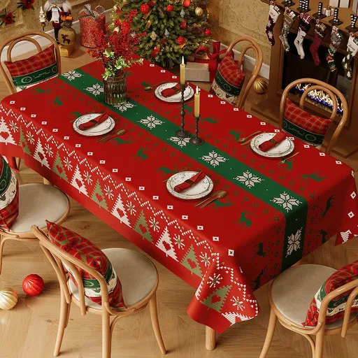Christmas Waterproof Tablecloth (Reindeer Design) 140 x 200cm — Red festive dining tablecloth; oil-resistant and reusable; home décor that creates a holiday atmosphere.