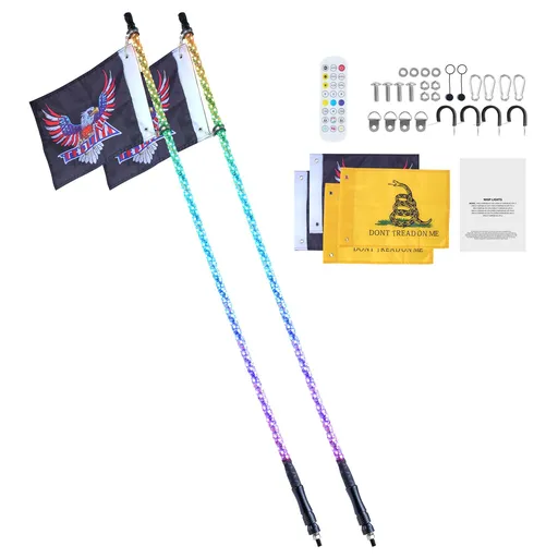 2 PCS 5 FT Whip Light, APP & RF Remote Control Led Whip Light, Waterproof Spiral RGB Chasing Lighted Whips with 4 Flags, for UTVs, ATVs, Motorcycles, RZR, Can-am, Trucks, Off-road, Go-karts