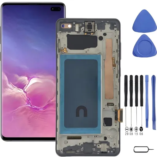 Samsung Galaxy S10 Plus Screen Replacement with Frame, 6.4" Curved Dynamic AMOLED Touch Digitizer, Full Repair Tool Kit & Tempered Glass Protector for SM-G975F SM-G975U SM-G975A SM-G975W SM-G975FD