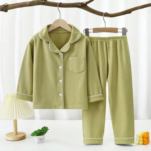 Yi Mei Kids Pajamas De Velvet Long Sleeve Two Piece Set SY06-Pajamas Bean Green 160cm