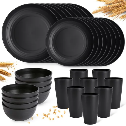 Camping Plates Cups and Bowls Set Green Reusable Microwave Safe Lightweight Unbreakable Plastic Dishes Set for Elderly Kitchen Adults Outdoor,32 Pcs Holiday Dinnerware Sets for 8 - Black - Size 32Pcs