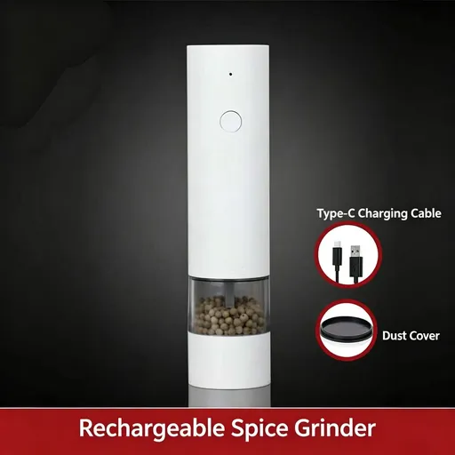 Rechargeable Sleek White | Automatic Spice Salt Pepper Mill | Halloween Home Cooking Gift | Wide Compatibility for Spices with Moisture-Proof Lid & Charging Cable