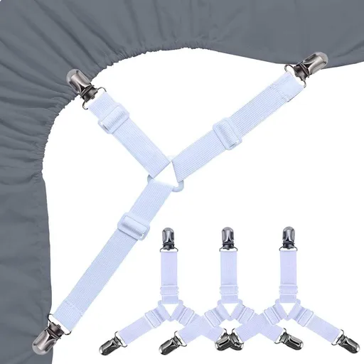 Bed Sheet Holders Straps Fasteners 4 Pcs Triangle Design Adjustable Elastic Grippers White