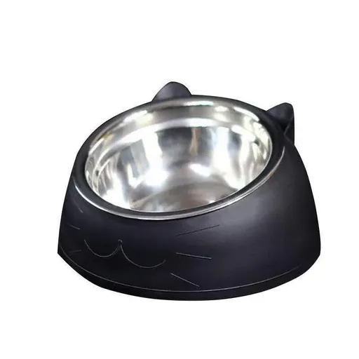 Pet Dog Cat Food Bowl Raised No Slip Stainless Steel Tilted Water Food Feeder - Black