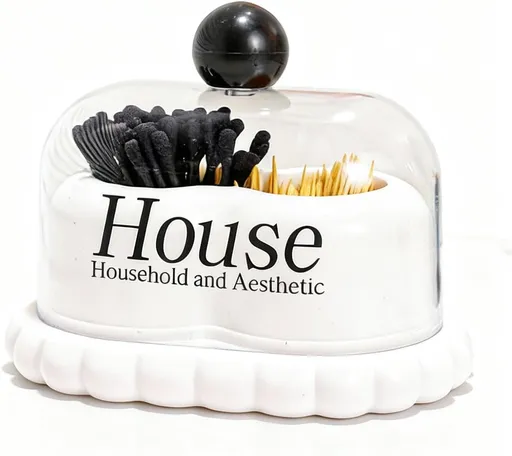 Dual Compartment Cotton Swab & Toothpick Holder with Lid, Minimalist Bathroom Canister Organizer for Vanity Countertop, Storage Qtips, Floss Picks (White)