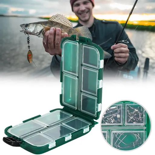 Fishing Tackle Box, 10 Compartment Small Transparent Storage Case for Hooks, Weights & Fishing Accessories - Green