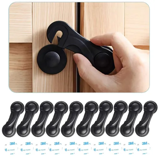 10pcs Child Safety Cabinet Locks, Transparent, with 10 Extra Adhesives | 10 Pack ABS Cabinet Door Locks for Baby Proofing, Child Proof Latch for Drawers, Toilet Seat, Fridge, Closet, Oven - Black