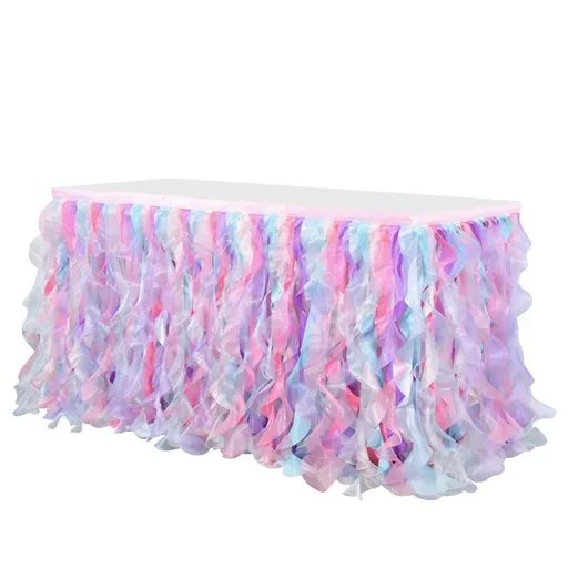 Rainbow Unicorn Curly Willow Table Skirt for Baby Shower, Birthday Party,Fluffy Double Layer Table Cloth for Rectangle (9ft)