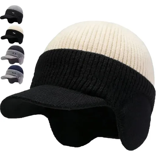 Windproof Thermal Cap with Visor, Ultimate Cold Protection Winter Knitted Earflap Hat with Brim and Ear Covers, Fleece Lined Thermal Beanie for Outdoor Activities.