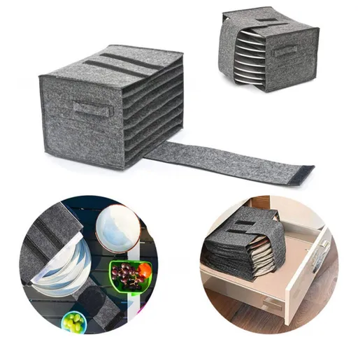2 Pack Grey Foldable Crockery Storage Organizer (Holds 8 Plates) - Felt Camping & Picnic Dinnerware Storage Box with Handle and Secure Closure