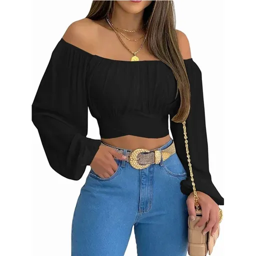Woman Off Shoulder Ruched Tie Back Crop Top Summer Lantern Sleeve Boho Shirt Blouse Dark Brown XL