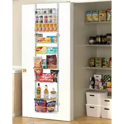 9-Tier Over-the-Door Pantry Storage Organizer, Heavy-Duty Steel Hanging Spice Rack with Adjustable Shelves, for Kitchen, Laundry Room & Bathroom, White