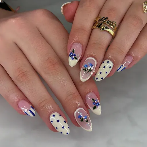 Press-On Nails Medium Almond Shape Easy DIY Manicure Blue Floral Polka Dot Design 24 Piece Set