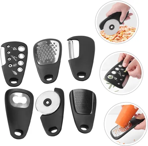 6-piece - kitchen tool set - Multifunctional kitchen tool - portable carabiner - fruit and vegetable peeler - cheese cutter - bottle opener - garlic press - ginger grinder - pizza cutter - cookware - cooking - baking