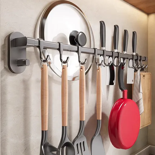 Kitchen Rail with Hooks, Pan and Pot Hangers for Kitchen Wall Mount, Kitchen Hook Rack, No Hole Hanging Rod Wall Mounted Storage Rack, Kitchen Utensil Rack with Removable S Hook, Aluminum Black