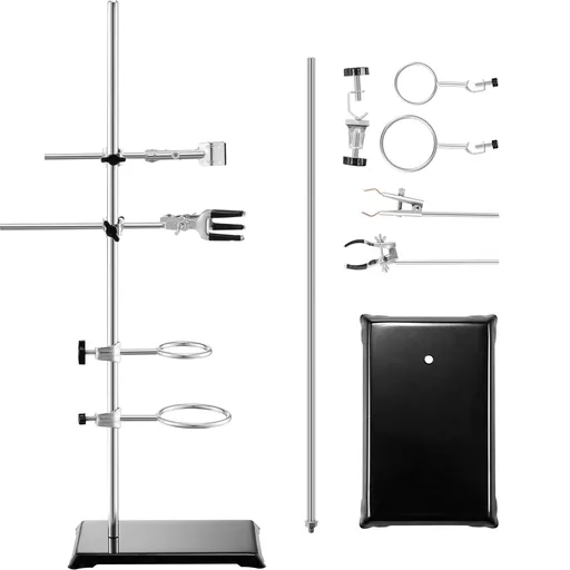 Lab Stand Support Durable Stainless Steel 23.6 Inch Rod with 8.3 x 5.3 Inch Cast Iron Base and Adjustable Flask Burette and Cross Clamps 2 Sets