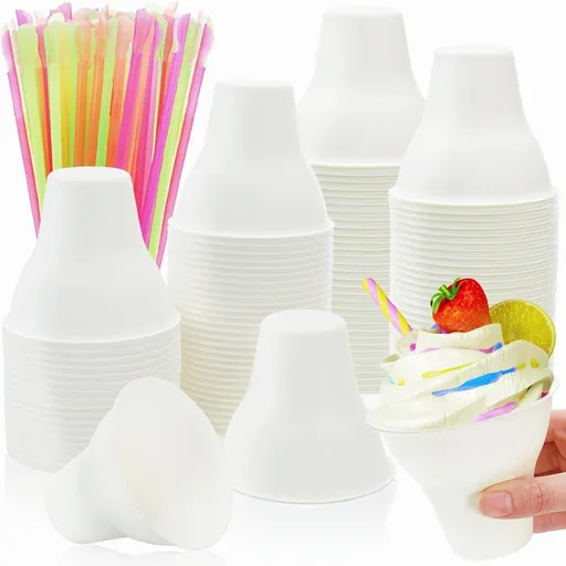 100 Pack Snow Cone Cups and Straws, 12 OZ Paper Cup with Colorful Spoon Straw, Leak-proof Shaved Ice Holder, Disposable Cream Bowls for Party Event Water Cooler