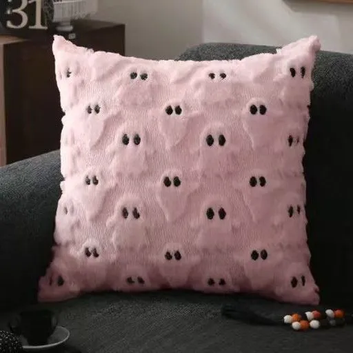 Halloween Pillow Covers Cute Decor Set of 2 18x18 | Soft Plush Faux Fur, Spooky Decor, Fall Decorative Throw Pillows for Couch Sofa Bed Porch Living Room - Pink - Size 18in*18in
