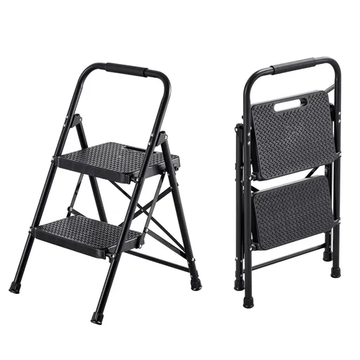 2 Step Ladder, Folding Step Stool with Wide Anti-Slip Pedal and Comfort Handgrip, Lightweight 272 kg Capacity Portable Steel Ladder, Multi-Use for Kitchen, Home, Household and Office, Black