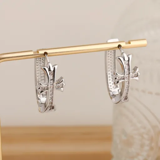 1-Pair Sliver Sparkling Iced Out Rhinestone Cross Hoop Earrings - Punk Elegance Ear Buckle for Women