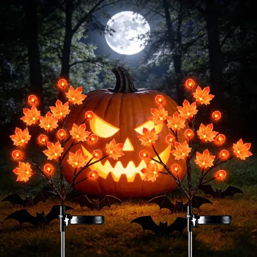 Solar Maple Leaf Branch Lights with 20 Warm LEDs, 8 Lighting Modes & IP65 Waterproof, Auto On/Off Garden Pathway Decor for Fall Harvest and Halloween Ambiance (1PCS, Pumpkin-Small Maple)