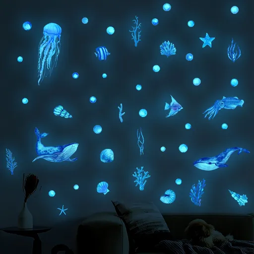 Ocean Wall Art Decals Blue Glow in the Dark Sea Themed Stickers Jellyfish Whale Octopus Foam Wall Decals for Kids Boys Adults