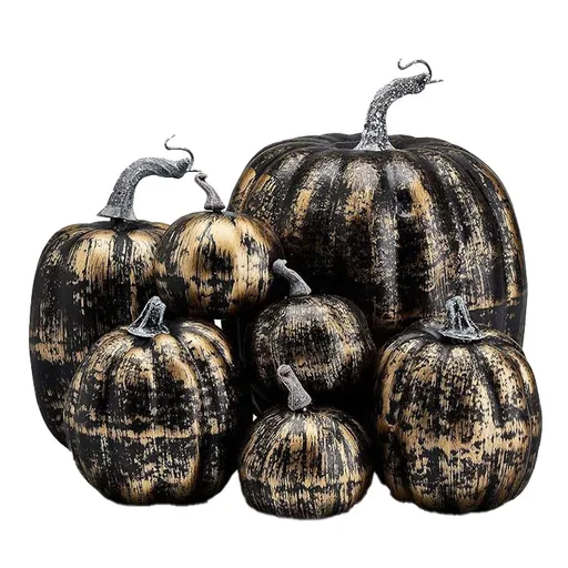 7pcs Simulated Pumpkin Glossy Paint Lightweight Creative Reusable Foam Pumpkin for Decoration Prop Black Gold
