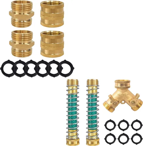 Hose Splitter 2 Way with Hose Protectors 3/4 Inch Brass and Stainless Steel