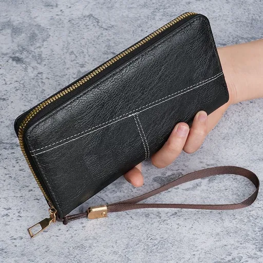 Black Men's Long Zipper Wallet Clutch - PU Leather Wristlet with Phone and Card Slots
