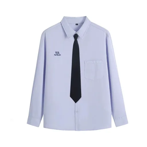 Thai School Uniform Shirt Cotton Blend Embroidery Badge Thai men's long sleeve + black tie XS