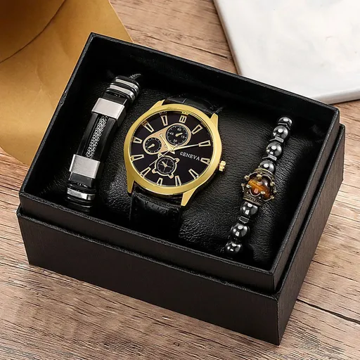 Men's Bracelet Watch Set Canvas Quartz Watch Single Calendar Fake Three Eye Black 18 Size