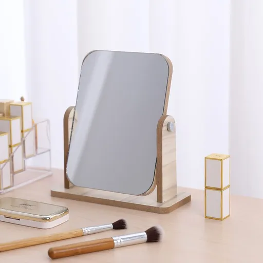 Natural Wooden Vanity Makeup Mirror,Single Sided 360 Degree Swivel Mirror,Portable Removable Countertop Private Room
