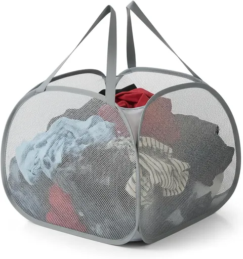 Kimmama Collapsible Mesh Laundry Basket, Foldable Pop Up Laundry Hamper with Side Pocket, Removable Clothes Storage Bin with Handle for Laundry Room, College Drom, Bathroom, Kid Room, Travel, 95L