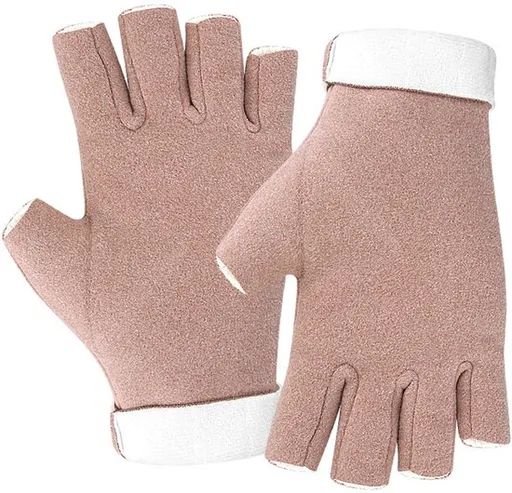 A pair of fingerless insulated gloves - One size fits all - Warm and protective - Cozy and comfortable - Winter outdoor wear - Suitable for eating, typing, writing and turning pages - Pink