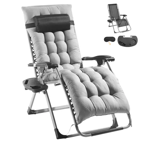 Zero Gravity Chair, 26 inch Zero Gravity Recliner Lounge Chair for Indoor and Outdoor, Adjustable Anti Gravity Chair with Cushion, Headrest, Footrest, and Cupholder, 500 lbs, Gray