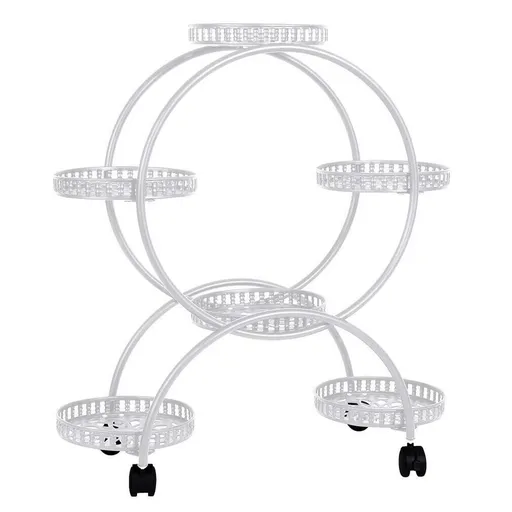 Fin White Metal Plant Stand 6-Potted Flower Pot Holder W Wheels 4 Tier Display Shelf