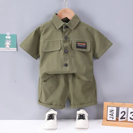 Cute Tail Bear Boys Summer Short Sleeve Shirt Pants Set Green 110cm