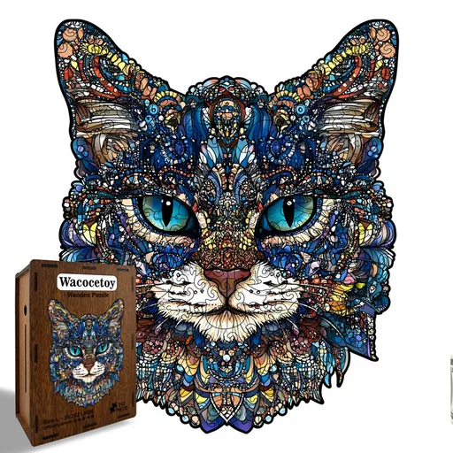 M Style Blue-Eyed Cat Wooden Jigsaw Puzzle -Irregular Animal Shaped Puzzle with DIY Piggy Bank Option, Laser Cut 3D Craft, Stress Relief Brain Game Gift for Adults 14+
