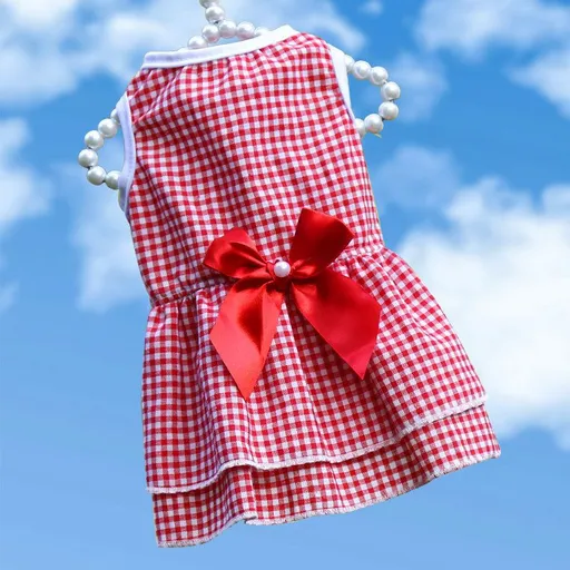 Plaid Dog Dress Bow Pet Clothing Polyester 230 skirt small red bow S