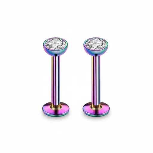2 PCS Internally Threaded Labret Studs - 16G 8mm Stainless Steel Flat Back with 3mm CZ Crystal - Rainbow Tone Body Piercing for Lip Tragus Helix