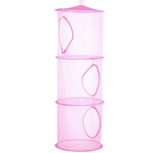 Foldable Clothes Drying Basket Three-layer Hanging Storage Breathable Organizer - Pink
