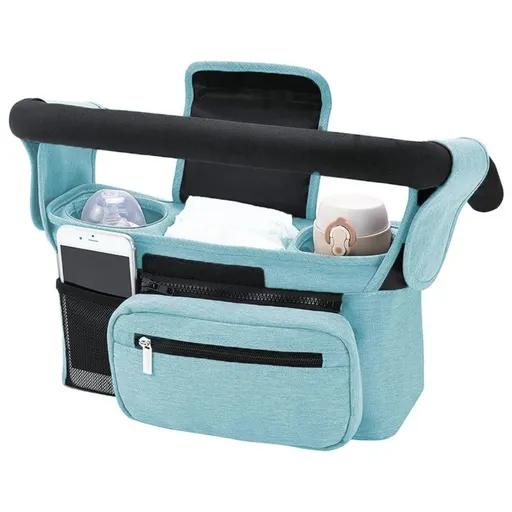 Multifunctional Stroller Organizer Bag – Universal Hanging Storage Pouch with Insulated Bottle Holder, Detachable Pouch, and Adjustable Straps, Doubles as a Crossbody Diaper Bag for On-the-Go Convenience (Blue)