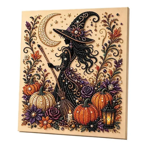 Halloween Witch Rhinestone Pearl Painting Wall Art 20x20cm